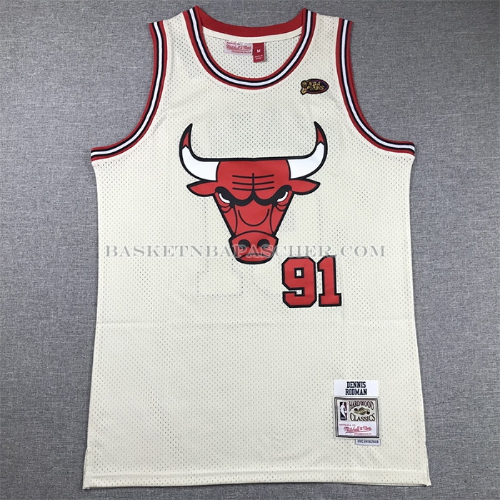 Maillot Chicago Bulls Dennis Rodman NO 91 Mitchell & Ness Chainstitch Creme